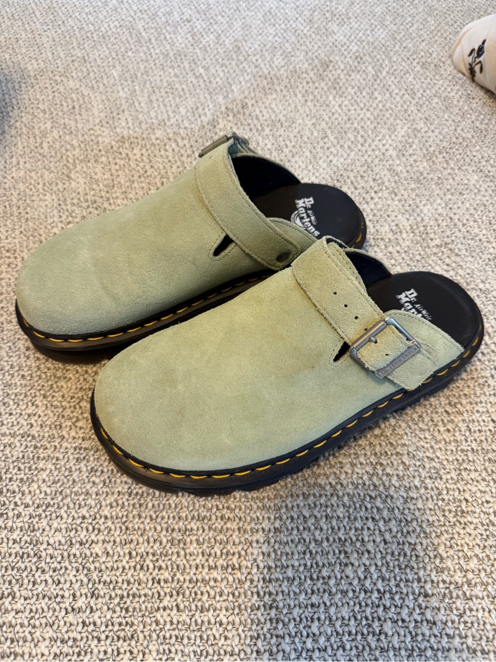 Dr. Martens Light Sage Suede Mule Clogs with Buckle